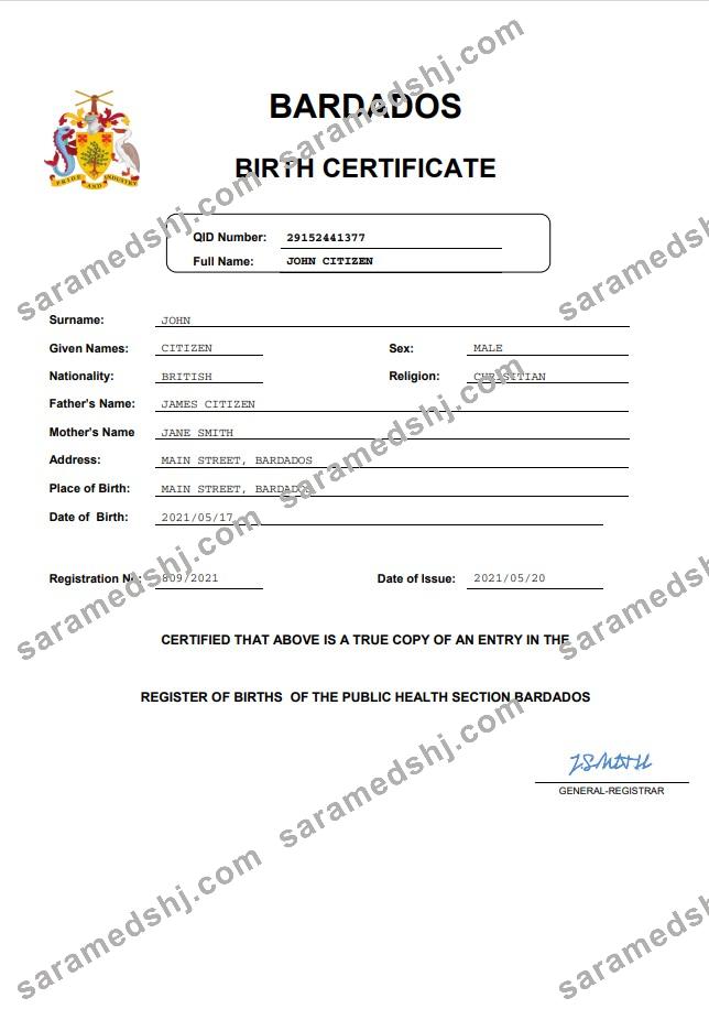Barbados birth certificate template in Word and PDF